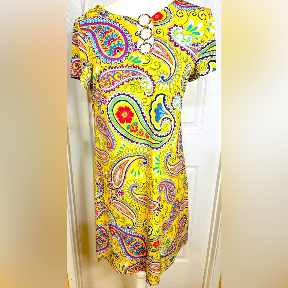 MSK Dress Paisley Jersey Knit A-line Short Sleeve Boho Hippie Yellow Size Medium